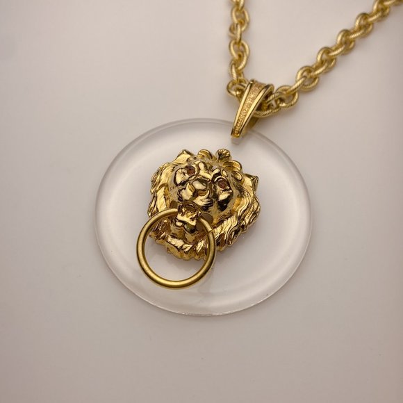 Art Jewelry - Vintage Art Signed Gold Lion Head Door Knocker Round Lucite Gold Chain Necklace